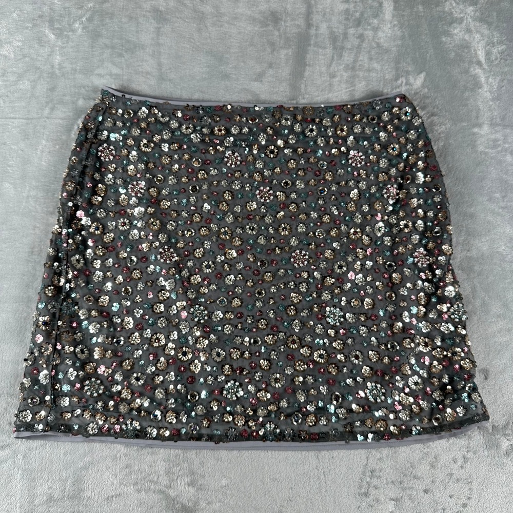 Loft Sequin Floral Mini Skirt Womens 14 Grey Beaded Party Glam Festive Shimmer